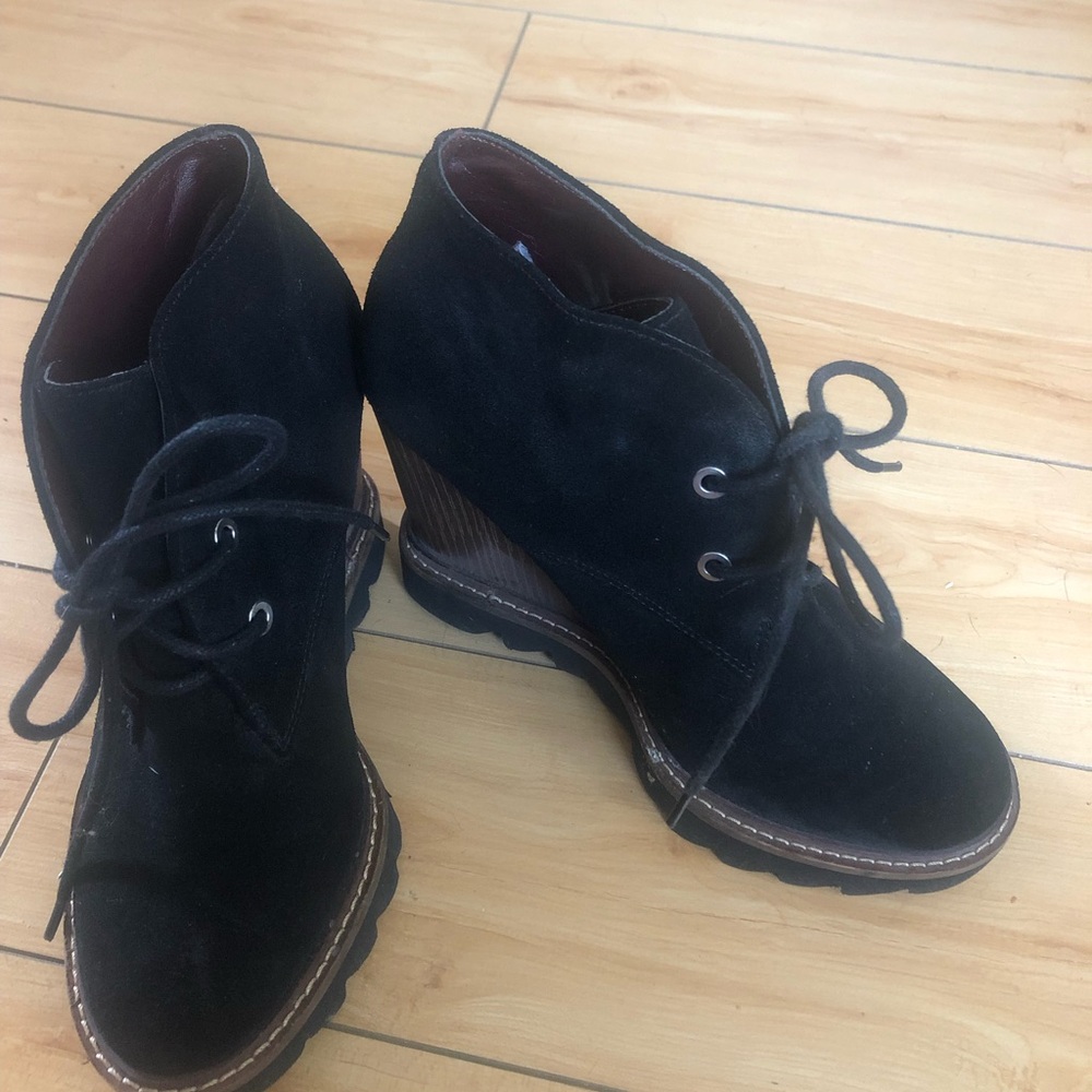 BCBG Black Lace Up Boots with Wedge Heel